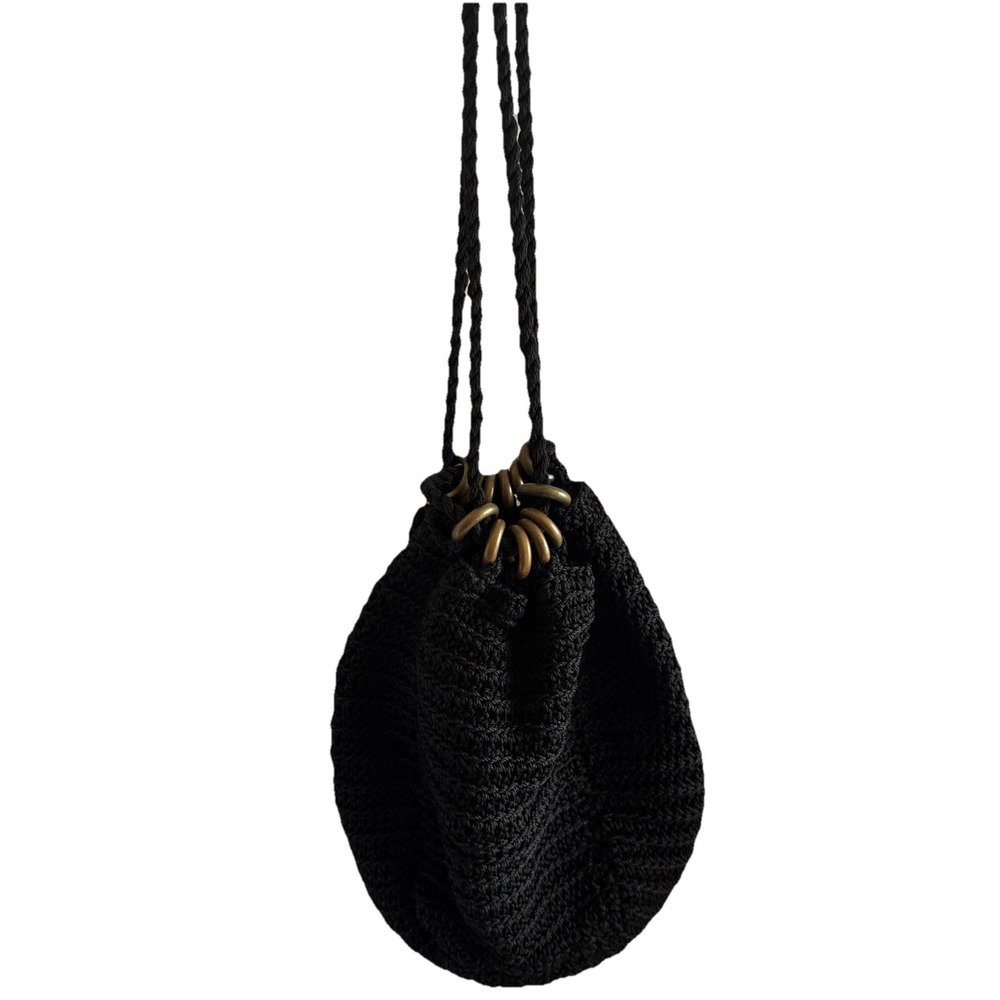 Black Crochet‎ Drawstring Bag Crossbody Bucket Purse Boho Whimsy Travel Handbag